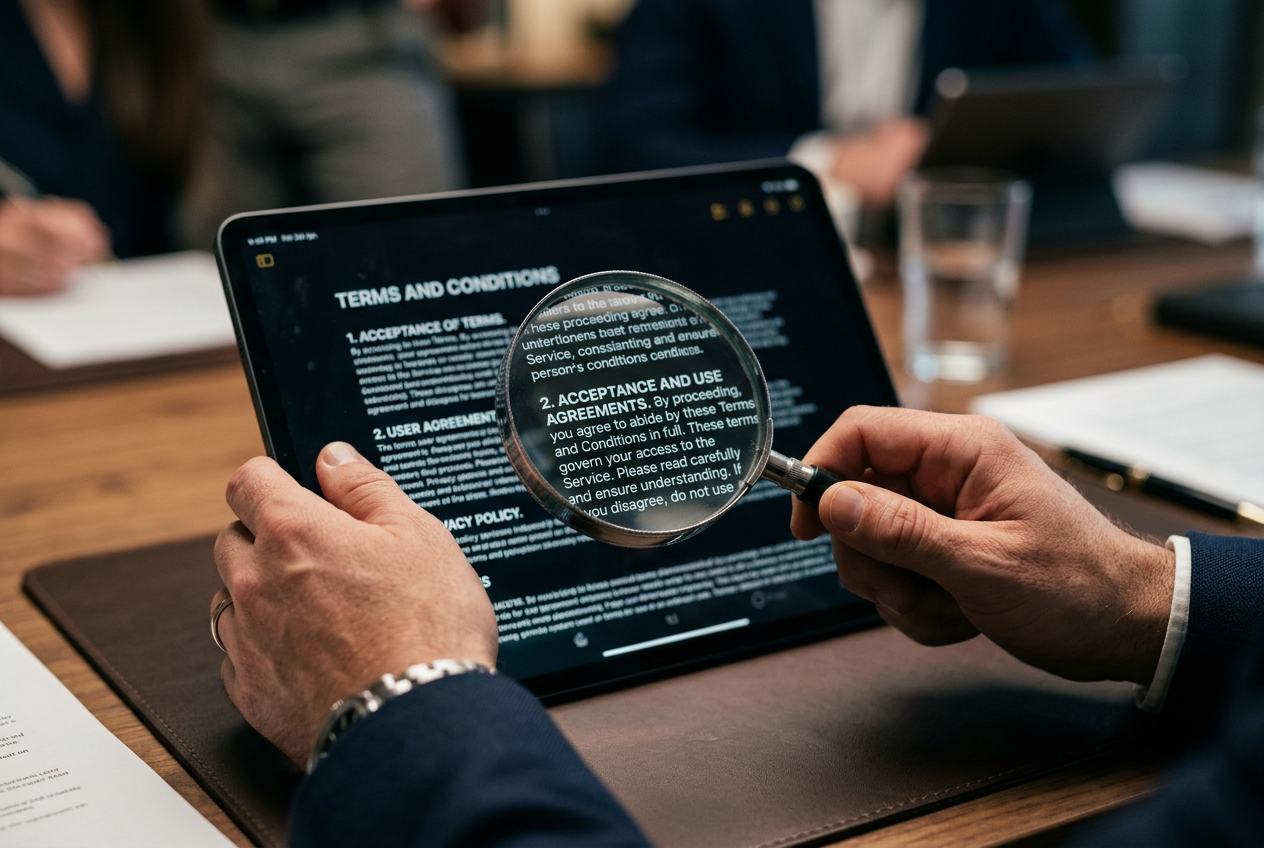 A magnifying glass focusing on casino bonus terms and conditions on a tablet.